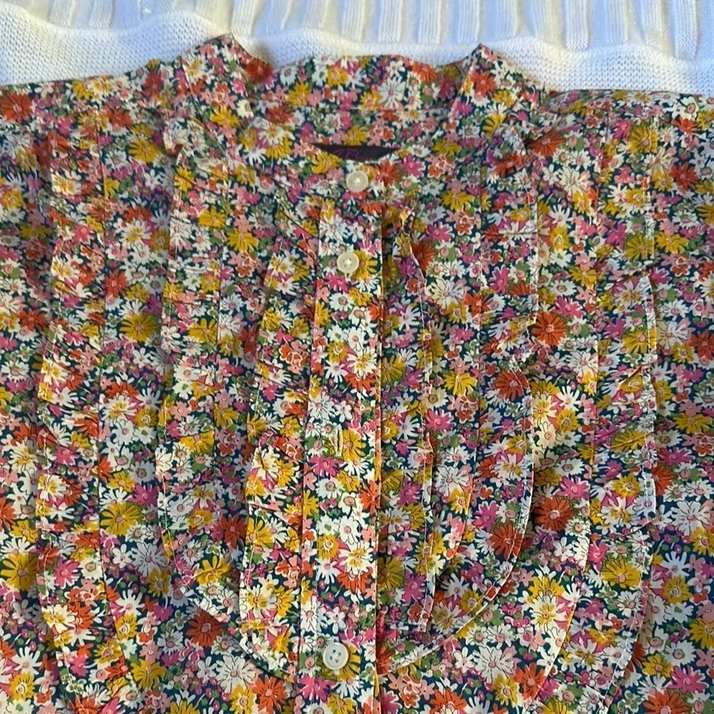 J. Crew Red and Yellow Puff Sleeve Button Down Blouse